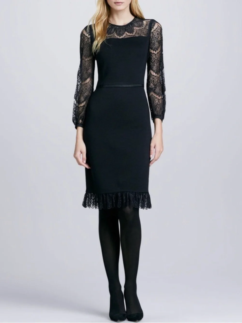 Tory Burch Tiana Black Lace-Top Wool Blend Sheath Dress - medium